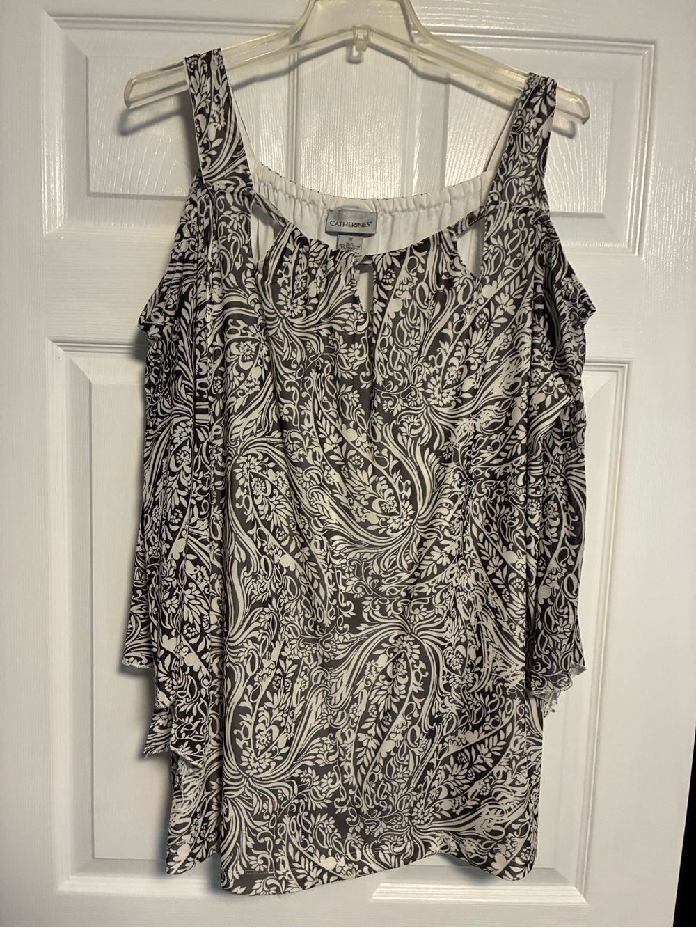 Catherines Black and White Paisley Cold-Shoulder Blouse